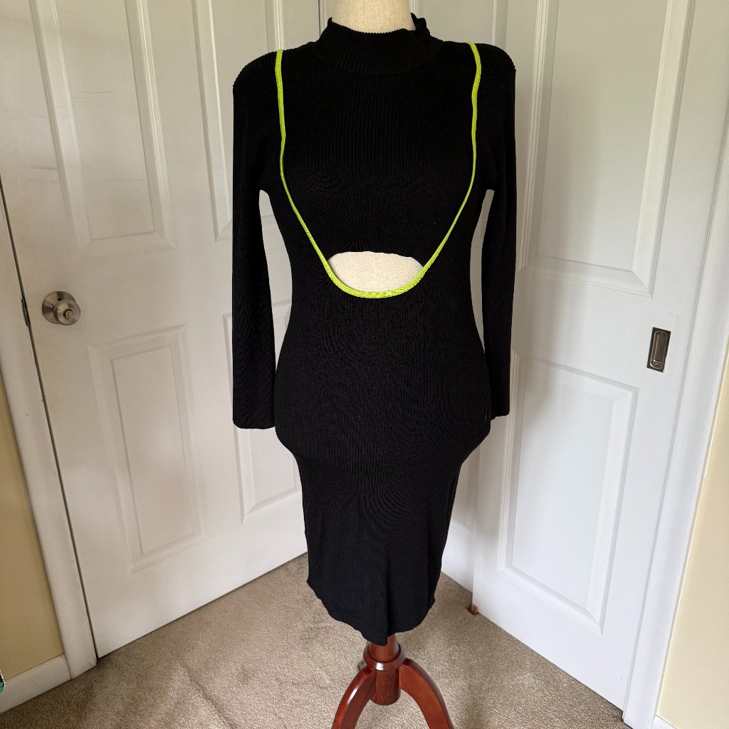 Black Knit Cut-Out Sweater Dress With Neon Trim